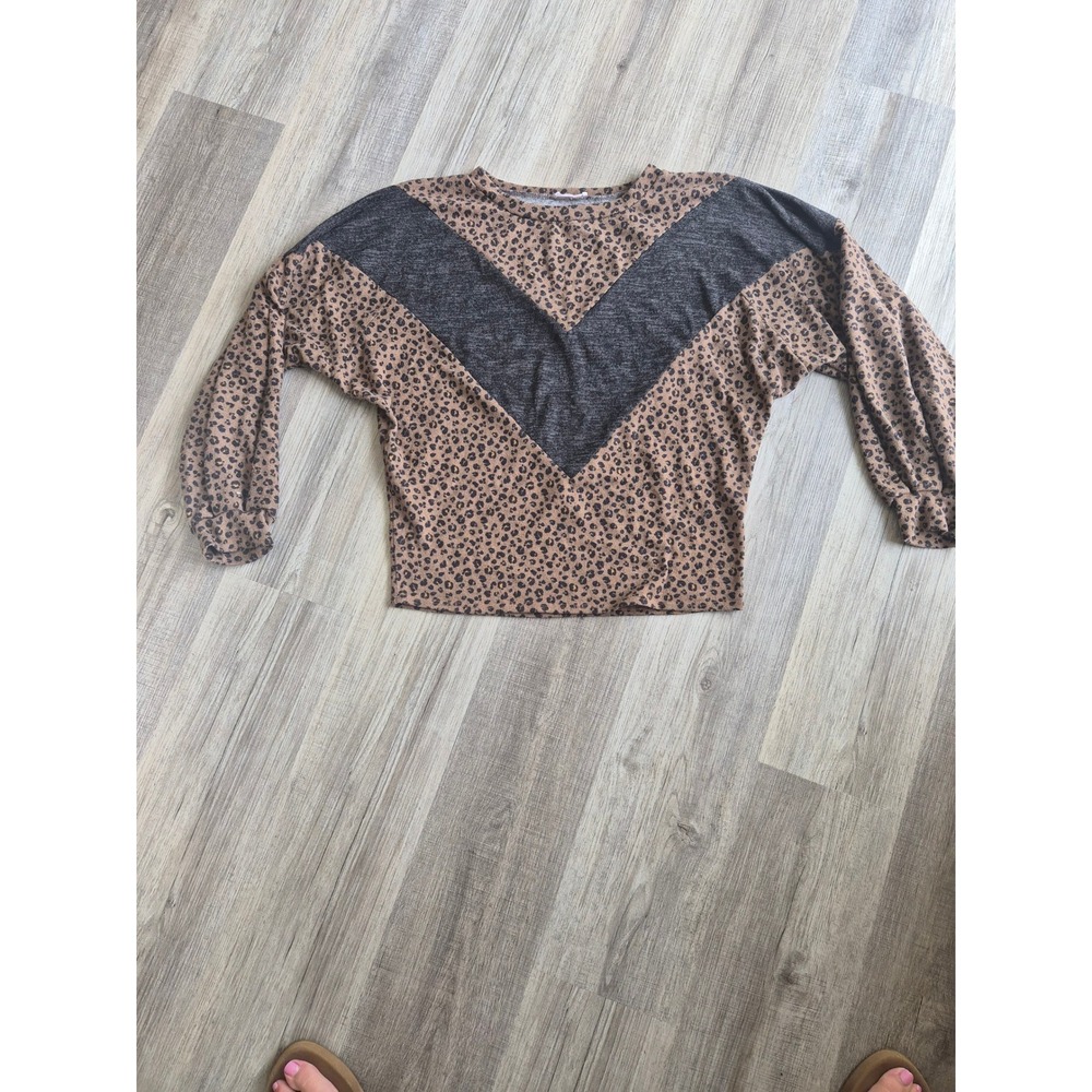 Phil Love Leopard Print Chevron Colorblock Top Brown Grey T910 Small